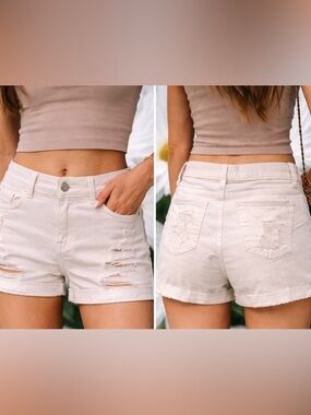Hollister Cream Jean Shorts Distressed Mid-Length